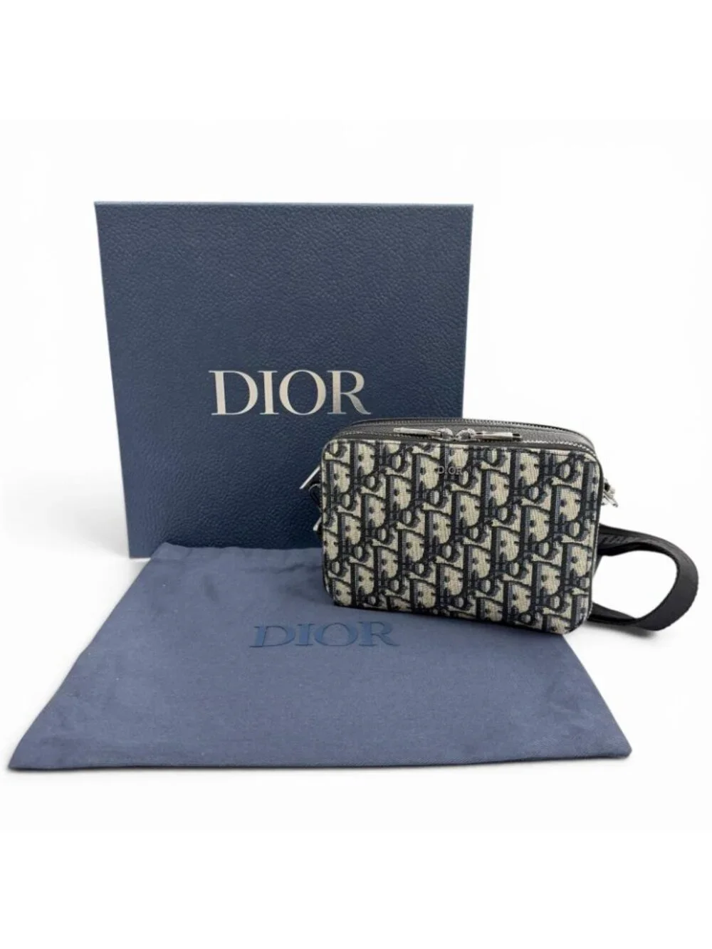 Dior Homme Leather Oblique Zip Pouch Shoulder Bag Navy